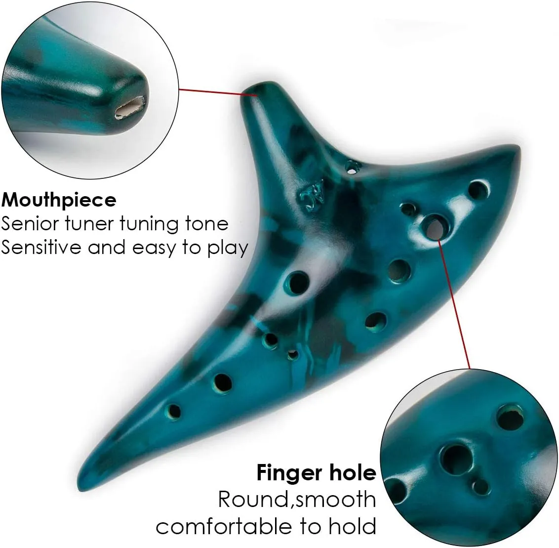 Lotmusic Ocarina, 12 Tones Alto C Ceramic Musical Instrument, C Major Key, Includes Song Book, Neck Strap, Carry Bag, Polished Finish - Blue
