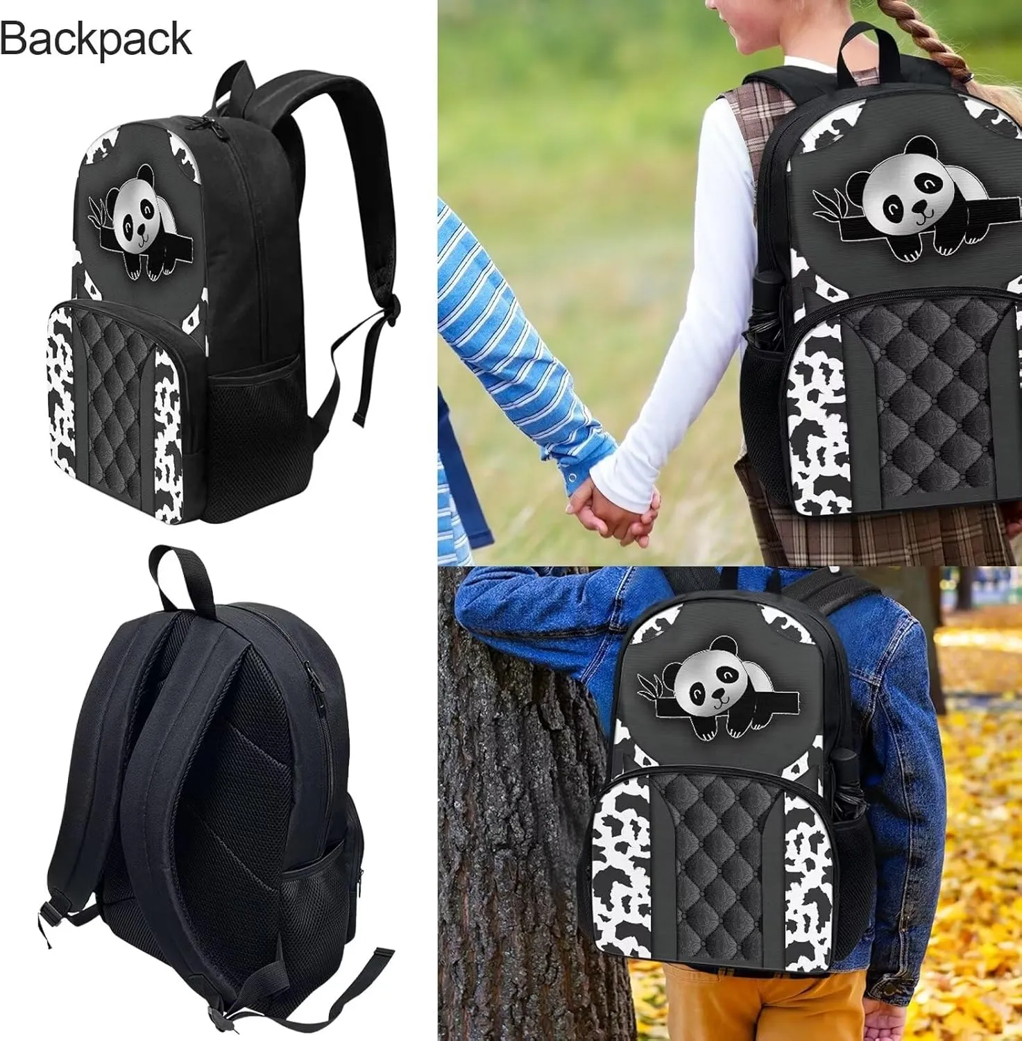 Luxury Silver Panda Prints 4PCS/Sets of School Backpack Set with 167inch Book Bag Small Lunch Box Messager Bag and Pencil Case