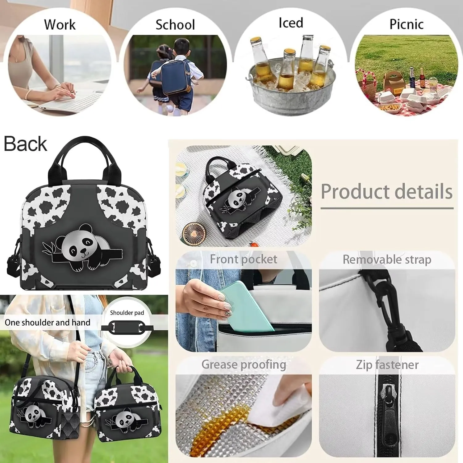Luxury Silver Panda Prints 4PCS/Sets of School Backpack Set with 167inch Book Bag Small Lunch Box Messager Bag and Pencil Case