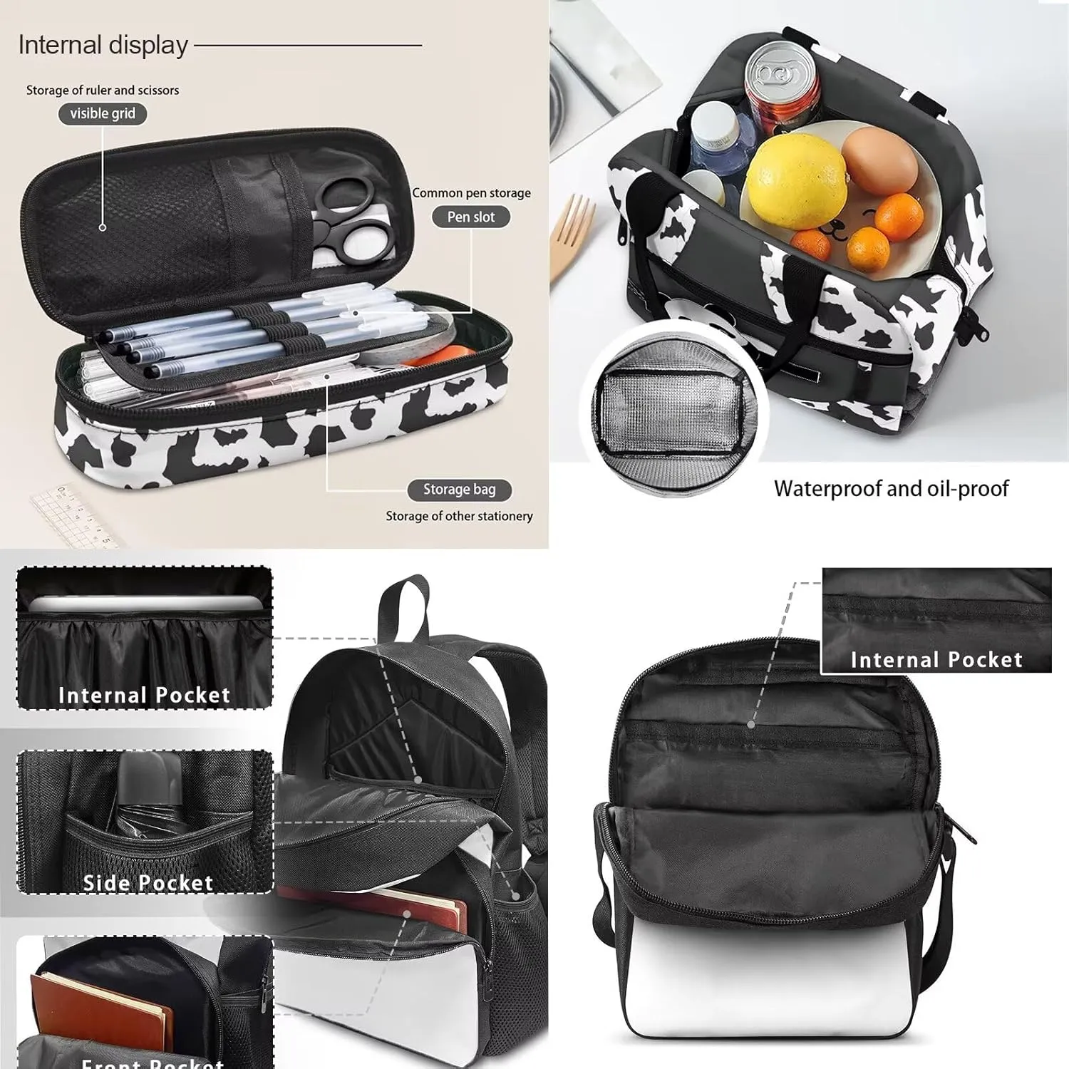 Luxury Silver Panda Prints 4PCS/Sets of School Backpack Set with 167inch Book Bag Small Lunch Box Messager Bag and Pencil Case