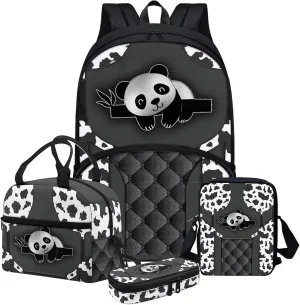Luxury Silver Panda Prints 4PCS/Sets of School Backpack Set with 167inch Book Bag Small Lunch Box Messager Bag and Pencil Case