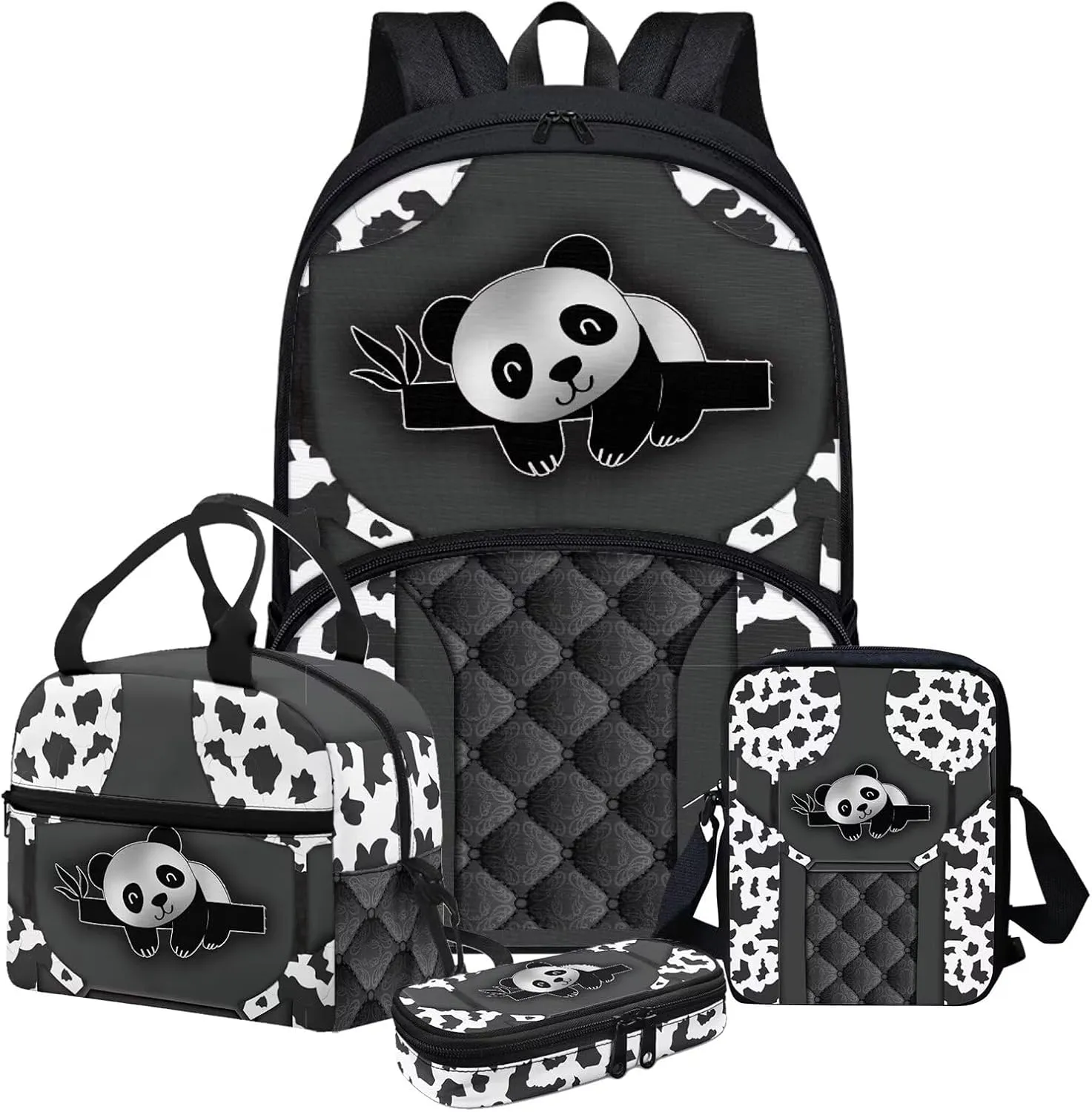 Luxury Silver Panda Prints 4PCS/Sets of School Backpack Set with 167inch Book Bag Small Lunch Box Messager Bag and Pencil Case