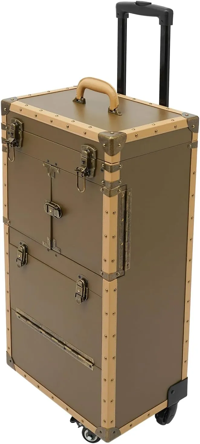 Makeup Train Case,Rolling Beauty Salon Luggage Hairdressing Trolley Travel Organizer Tool Box Cosmetic Luggage for Professional Hairdressers, Nail Technicians, Beauticians (Gold Large)