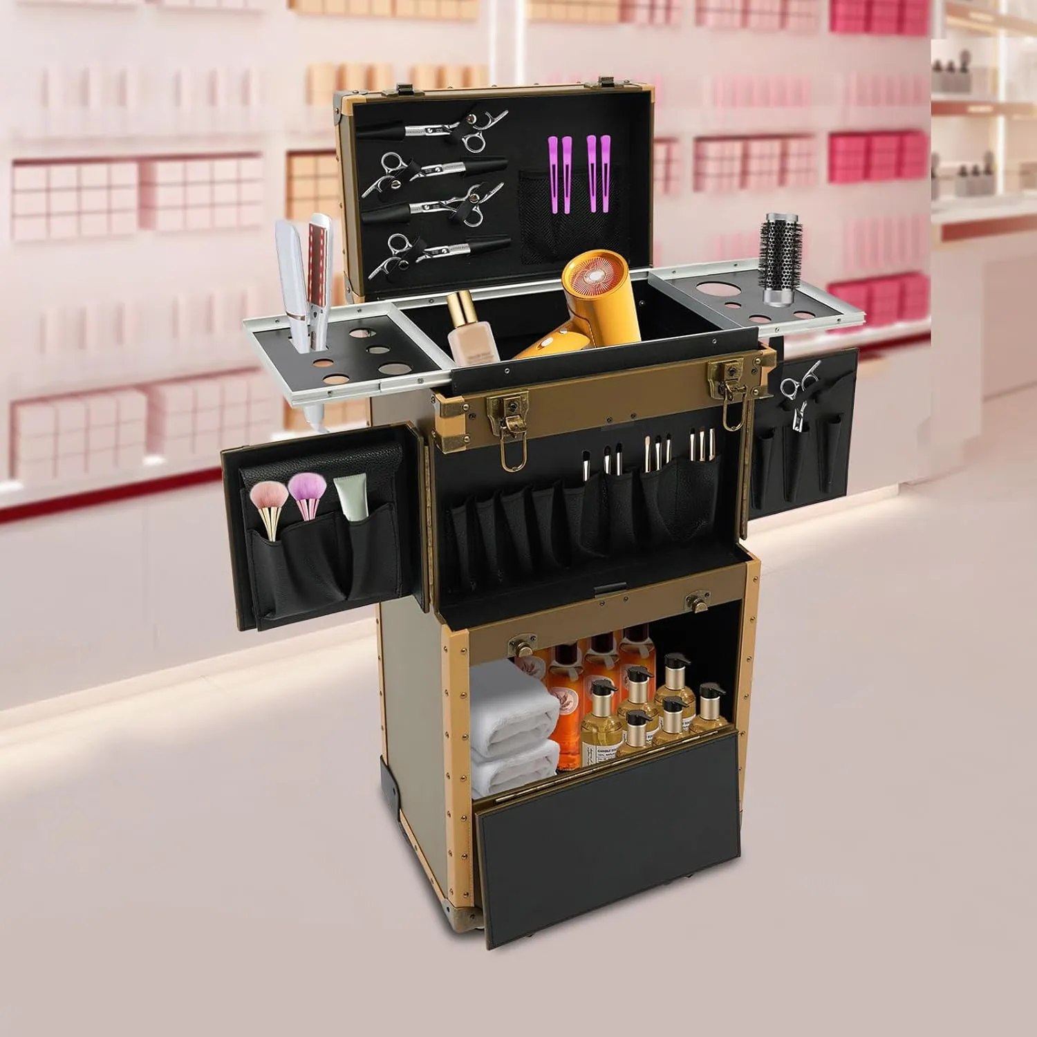 Makeup Train Case,Rolling Beauty Salon Luggage Hairdressing Trolley Travel Organizer Tool Box Cosmetic Luggage for Professional Hairdressers, Nail Technicians, Beauticians (Gold Large)