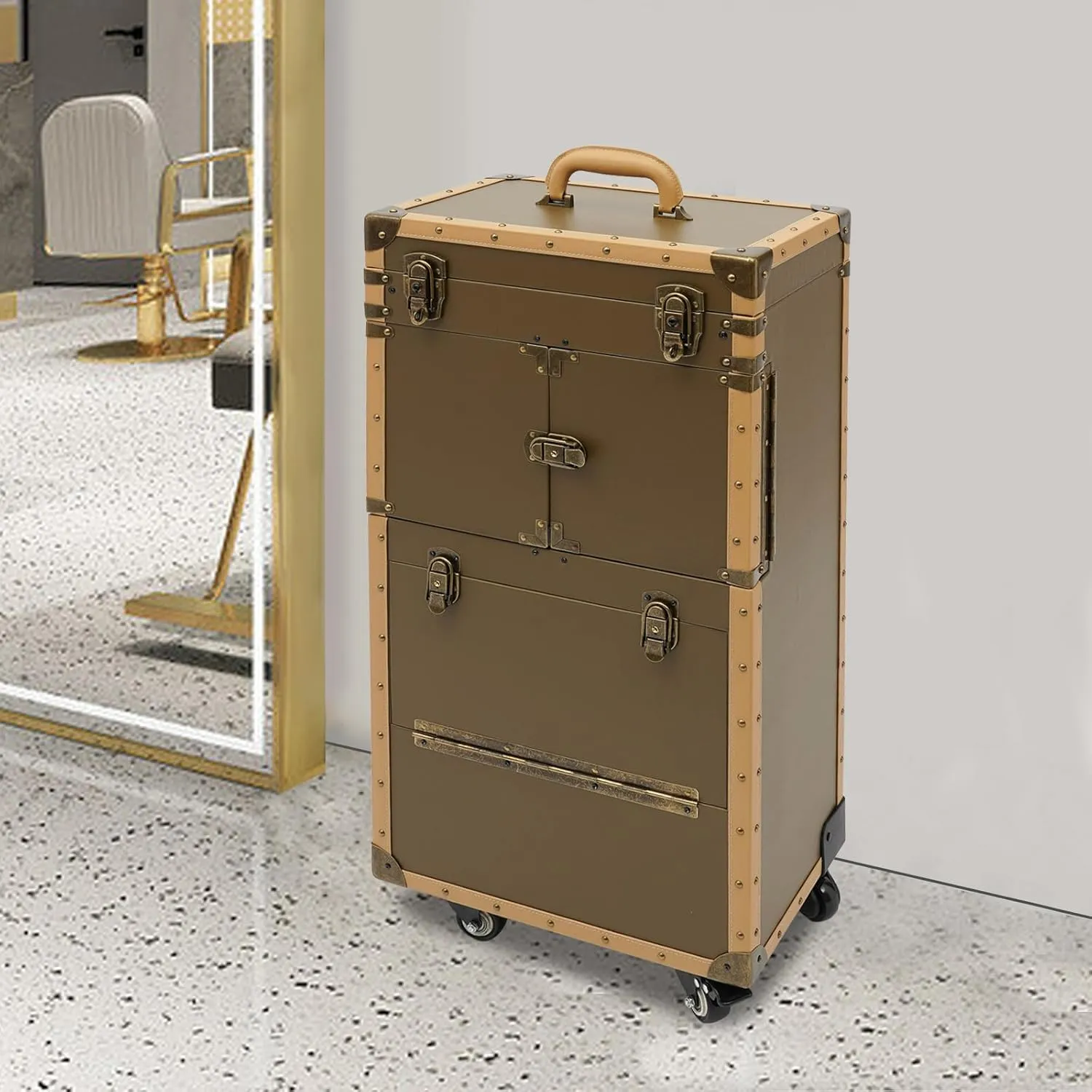 Makeup Train Case,Rolling Beauty Salon Luggage Hairdressing Trolley Travel Organizer Tool Box Cosmetic Luggage for Professional Hairdressers, Nail Technicians, Beauticians (Gold Large)