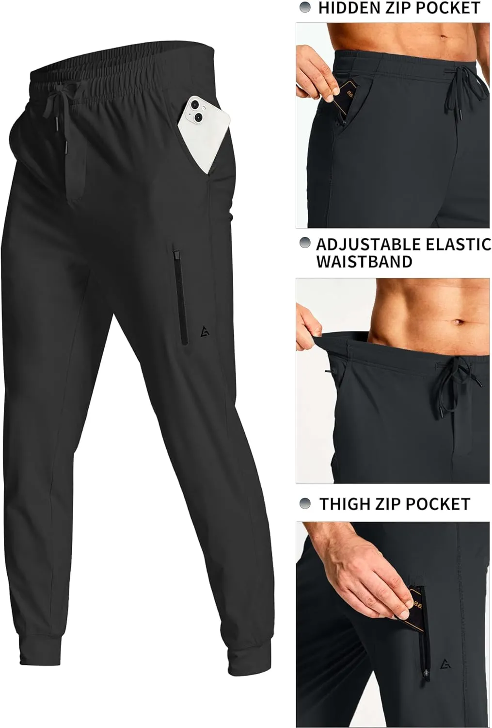 Men's Athletic Joggers with Zipper Pockets Stretch Track Pants Workout Running Gym Golf Sweatpants for Men