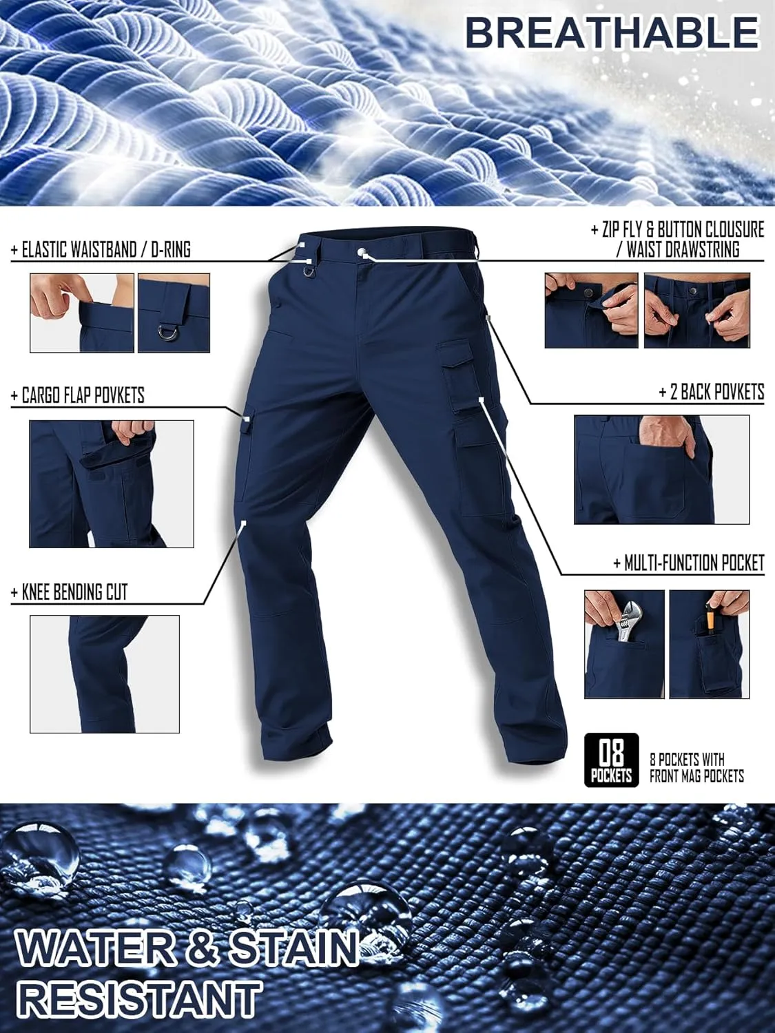 Men's Cargo Work Pants Water Resistant Tactical Pants 29"/31"/33" Lightweight Hiking Ripstop Pants Outdoor Apparel