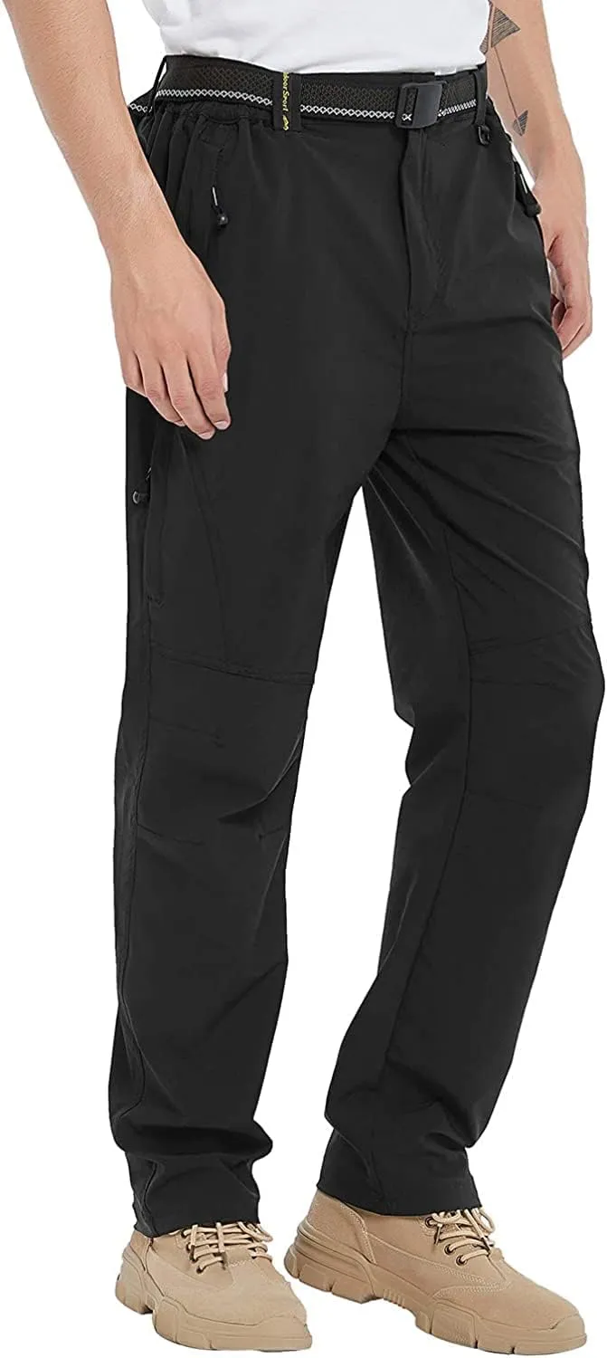 Men's Hiking Pants with Belt Outdoor Quick-Dry Lightweight Waterproof Mountain Pants with Zipper Pockets