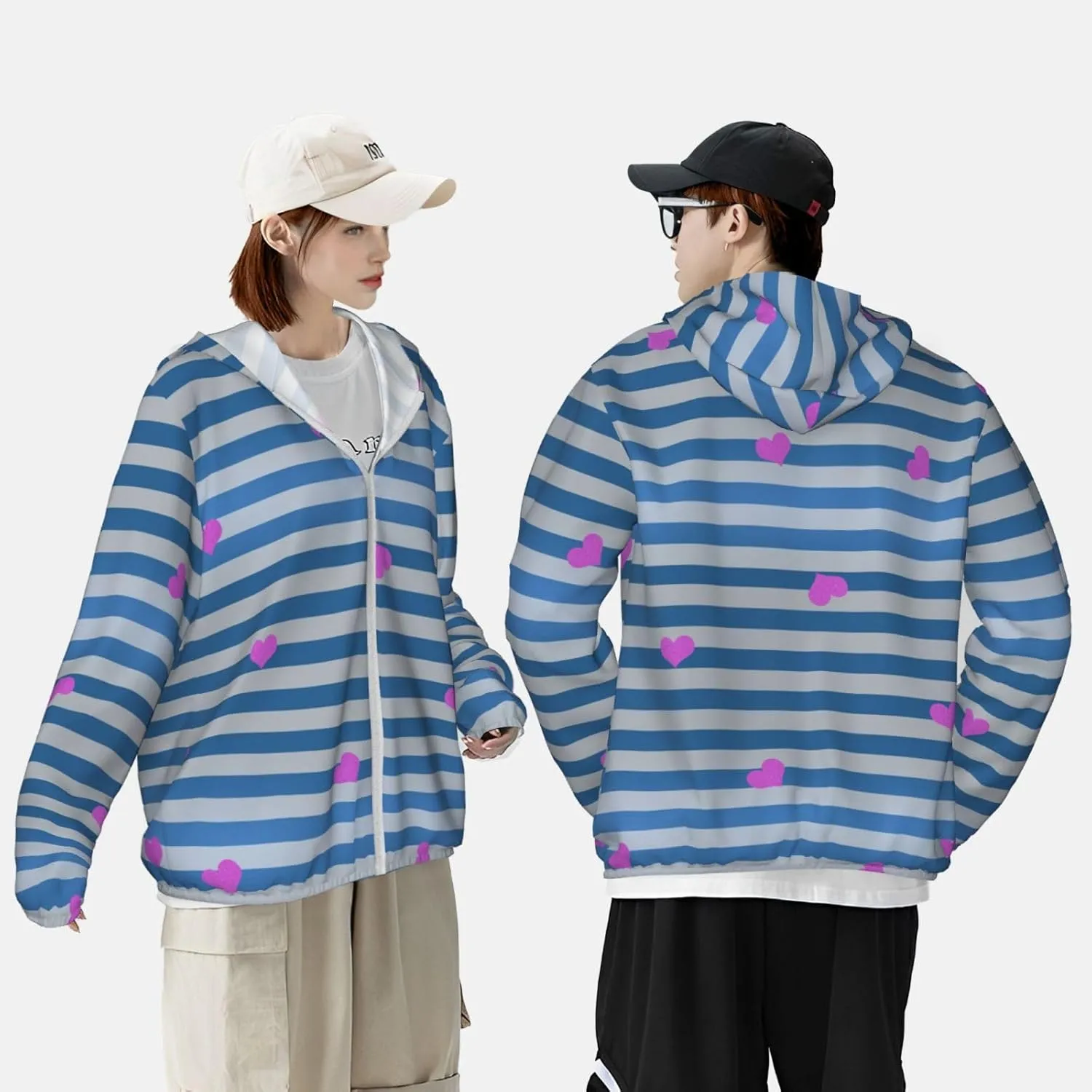 Men's Outdoor Lightweight Uv Sun Protection Jacket,Blue White Striped Heart Long Sleeve Hooded Shirt