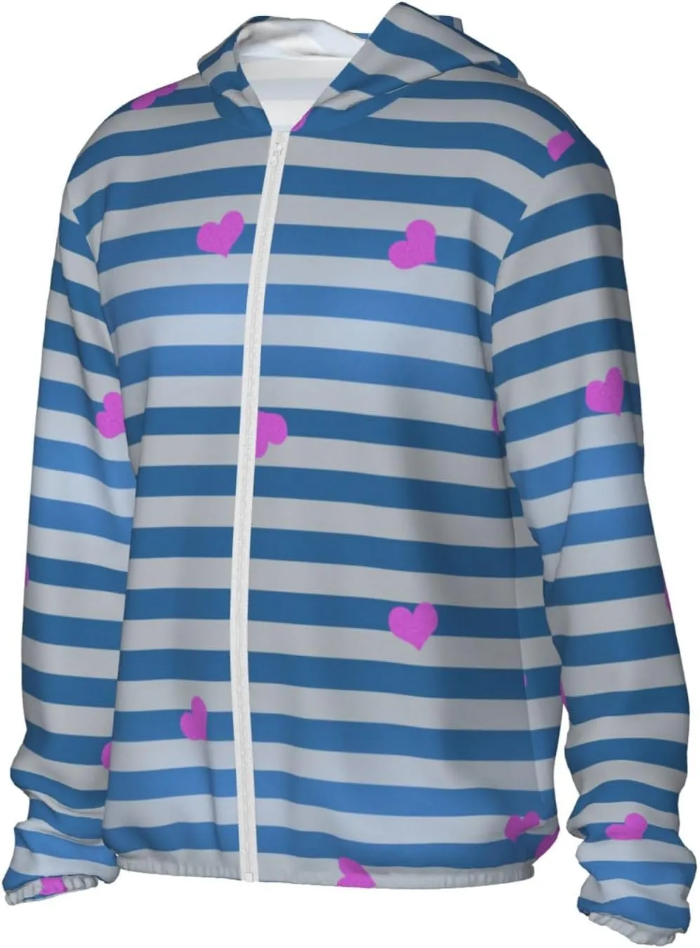 Men's Outdoor Lightweight Uv Sun Protection Jacket,Blue White Striped Heart Long Sleeve Hooded Shirt