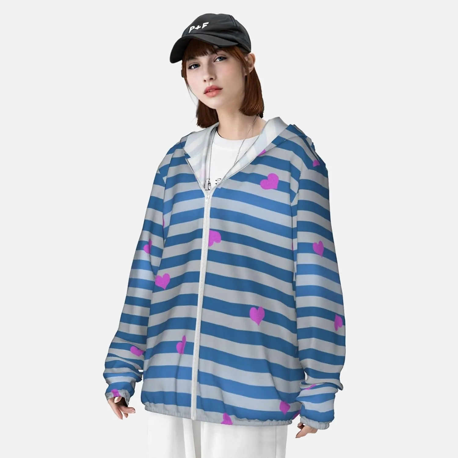 Men's Outdoor Lightweight Uv Sun Protection Jacket,Blue White Striped Heart Long Sleeve Hooded Shirt