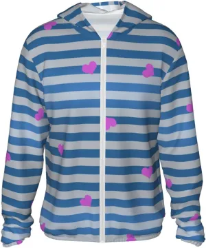Men's Outdoor Lightweight Uv Sun Protection Jacket,Blue White Striped Heart Long Sleeve Hooded Shirt