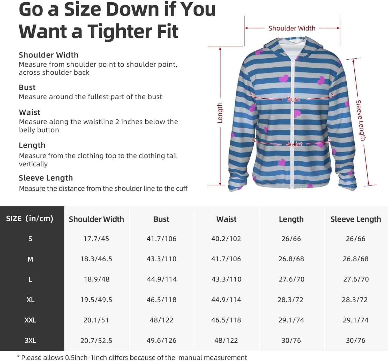 Men's Outdoor Lightweight Uv Sun Protection Jacket,Blue White Striped Heart Long Sleeve Hooded Shirt