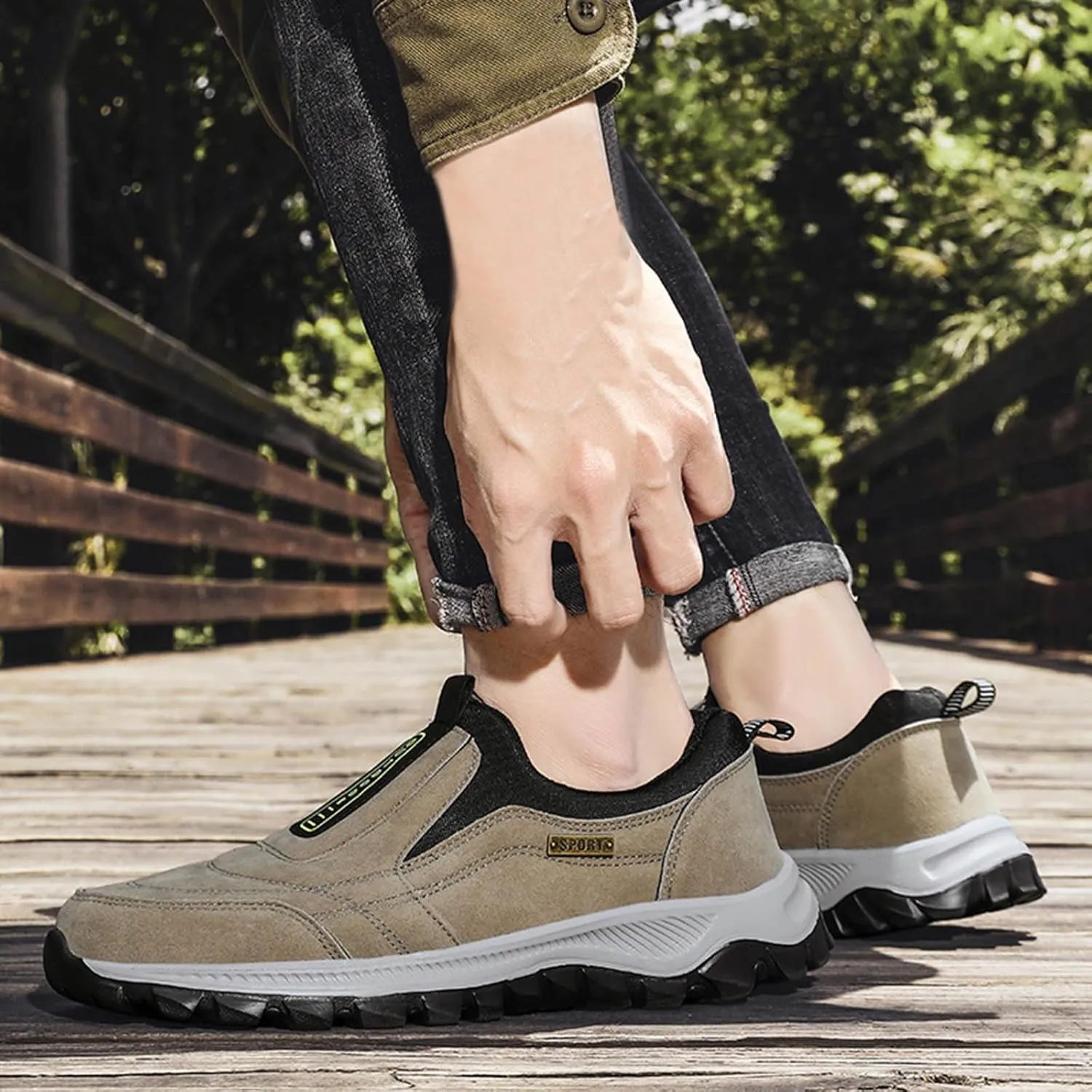Men's Wide Hiking Shoes Slip on Loafers Trekking Trails Sneakers Waterproof Walking Shoes with Arch Support