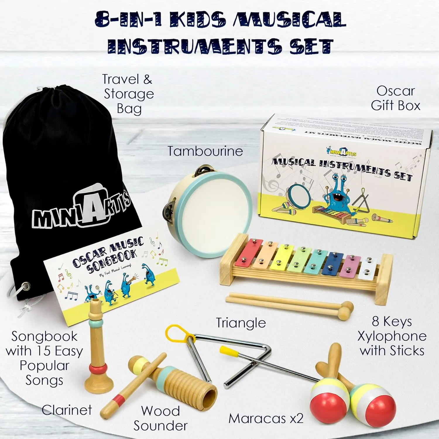 MINIARTIS Baby Musical Instruments Set - Montessori Musical Toys for Toddlers 1-3 | Modern Boho Kids Xylophone with Songbook | Neutral Colors Wooden Percussion Instruments | Preschool Educational 3 