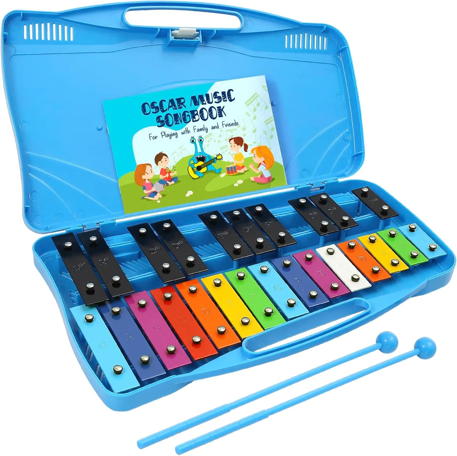 MINIARTIS Glockenspiel Xylophone | 25 Note Colorful Metal Keys Xylophone for Kids | Percussion Musical Instrument | Educational Music Toy Includes Music Songbook, Mallets and Blue Carry Case