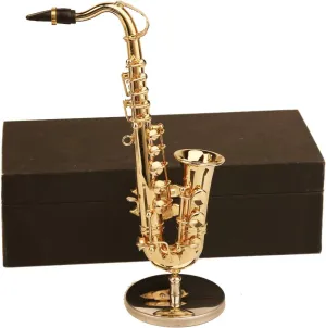 Miniature Saxophone with Stand and Case Brass Mini Musical Instrument Replica Collectible Figurines Dollhouse Accessories Model Home Decorations Ornaments (Tenor Saxophone, 5.24"x2.76"x0.89")