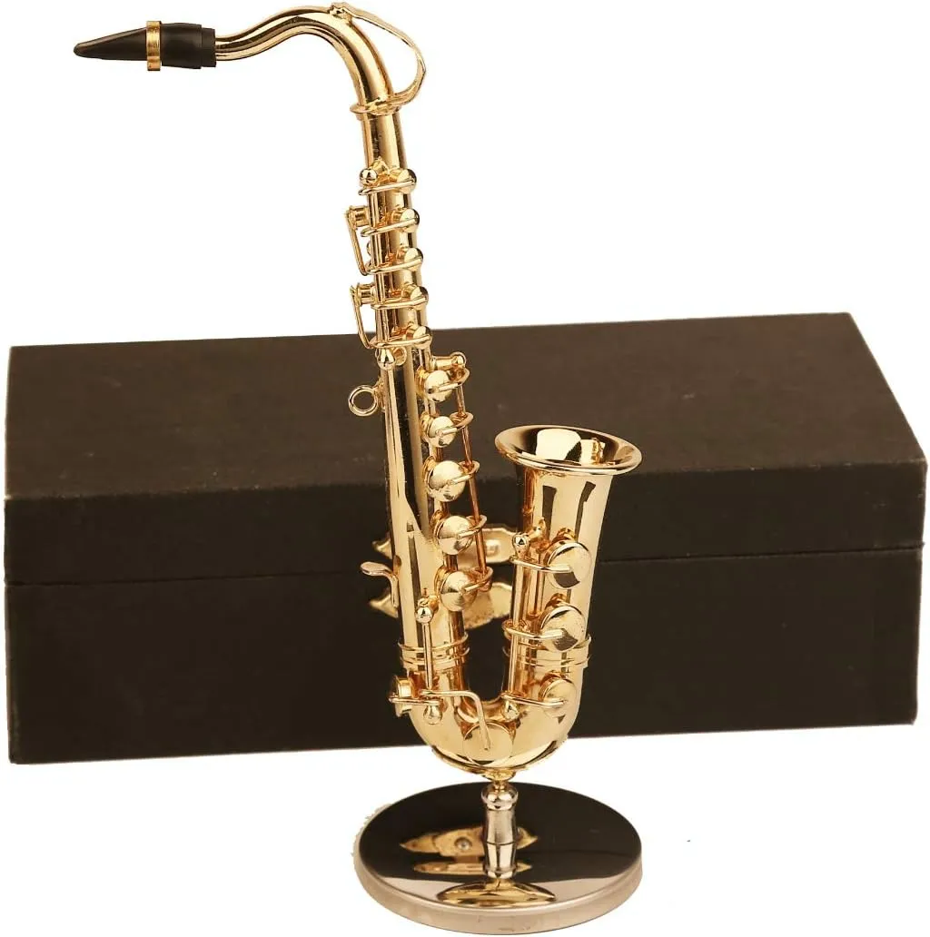 Miniature Saxophone with Stand and Case Brass Mini Musical Instrument Replica Collectible Figurines Dollhouse Accessories Model Home Decorations Ornaments (Tenor Saxophone, 5.24"x2.76"x0.89")