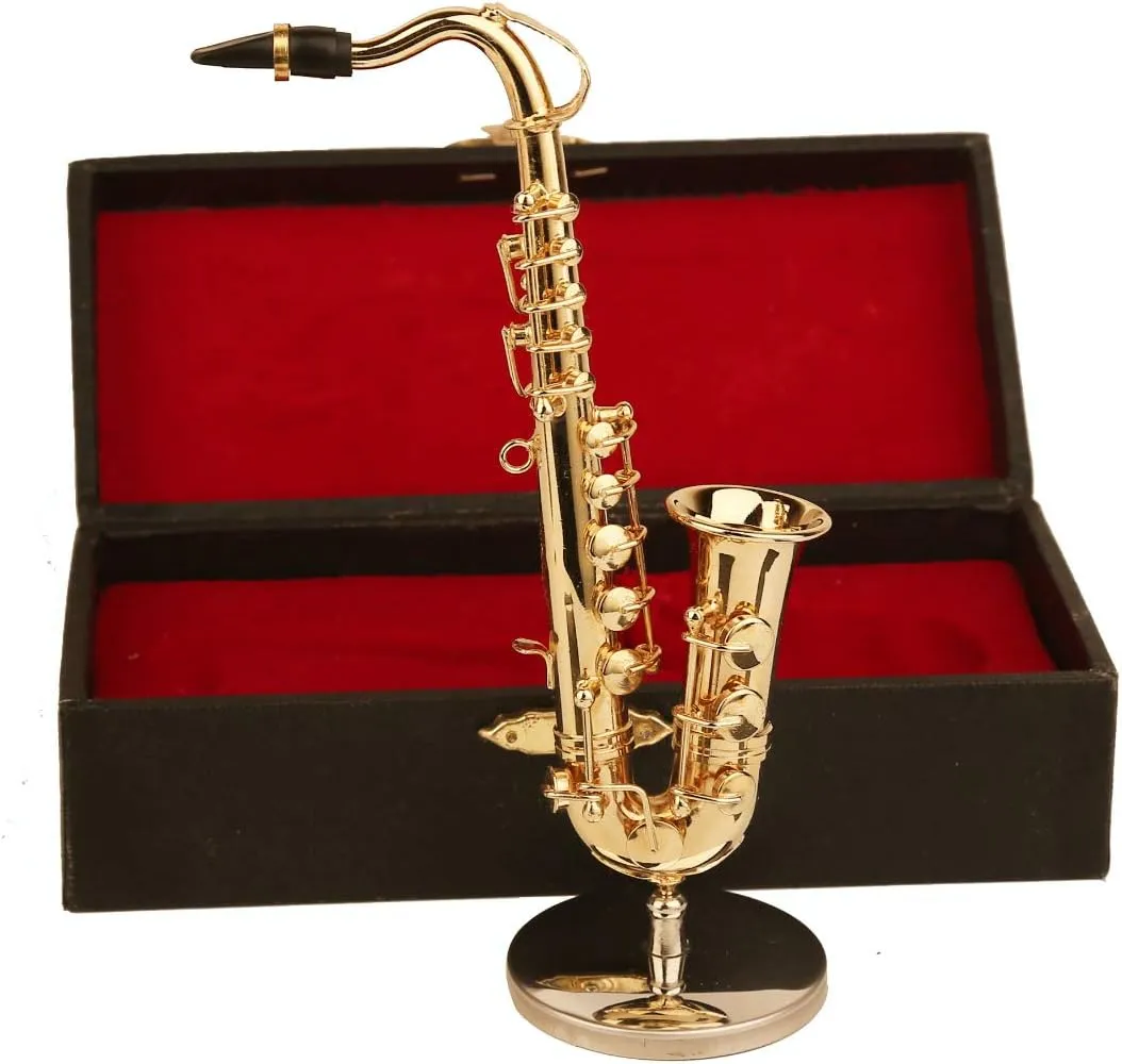 Miniature Saxophone with Stand and Case Brass Mini Musical Instrument Replica Collectible Figurines Dollhouse Accessories Model Home Decorations Ornaments (Tenor Saxophone, 5.24"x2.76"x0.89")