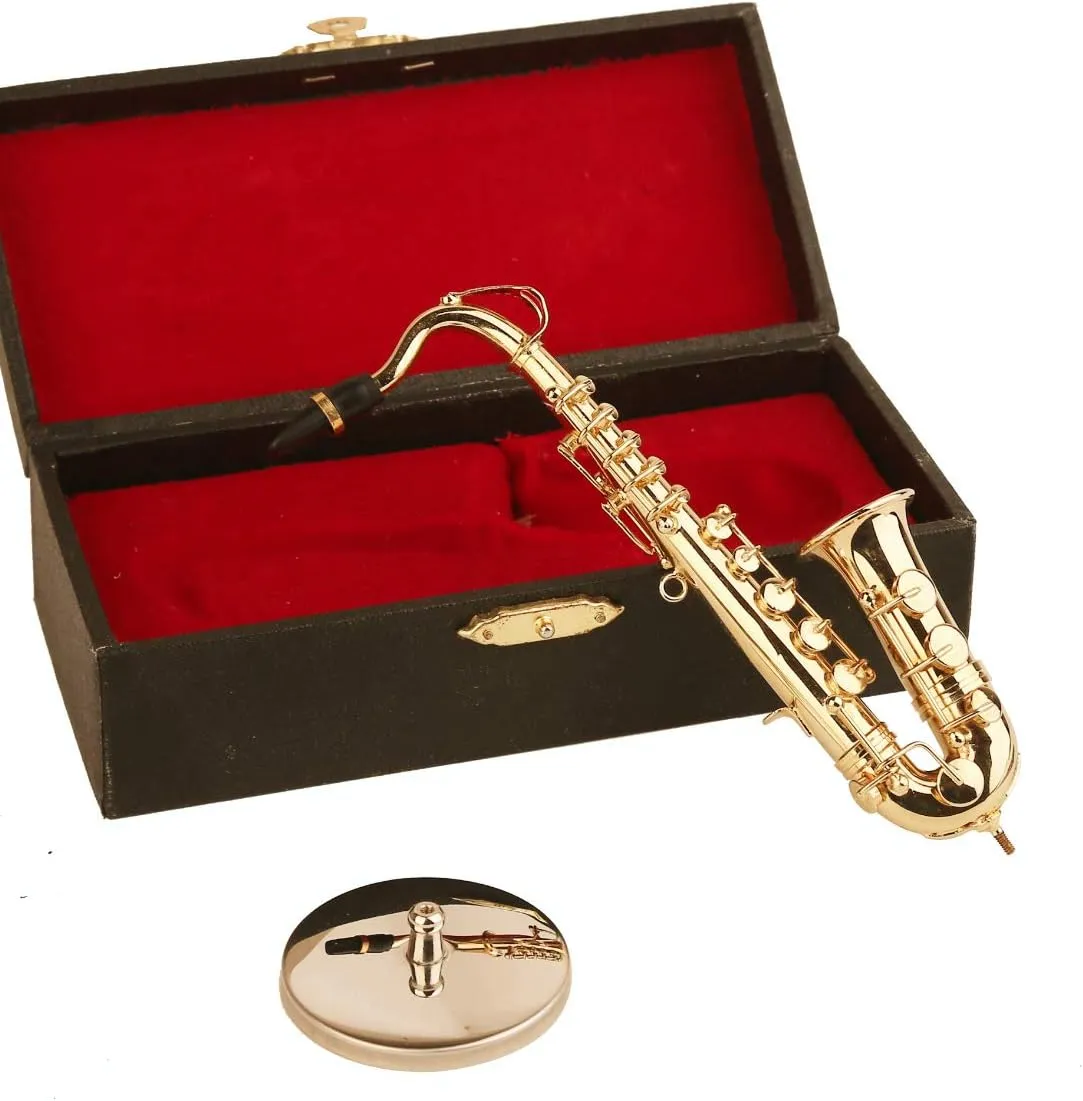 Miniature Saxophone with Stand and Case Brass Mini Musical Instrument Replica Collectible Figurines Dollhouse Accessories Model Home Decorations Ornaments (Tenor Saxophone, 5.24"x2.76"x0.89")