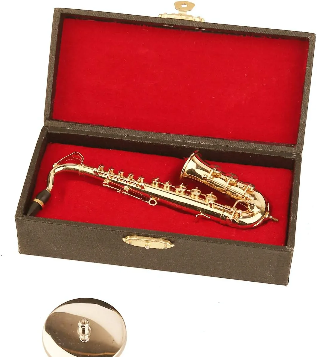 Miniature Saxophone with Stand and Case Brass Mini Musical Instrument Replica Collectible Figurines Dollhouse Accessories Model Home Decorations Ornaments (Tenor Saxophone, 5.24"x2.76"x0.89")