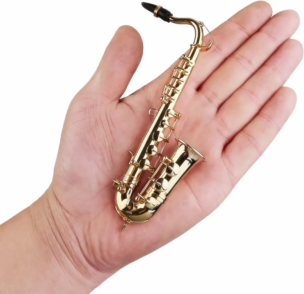 Miniature Saxophone with Stand and Case Brass Mini Musical Instrument Replica Collectible Figurines Dollhouse Accessories Model Home Decorations Ornaments (Tenor Saxophone, 5.24"x2.76"x0.89")