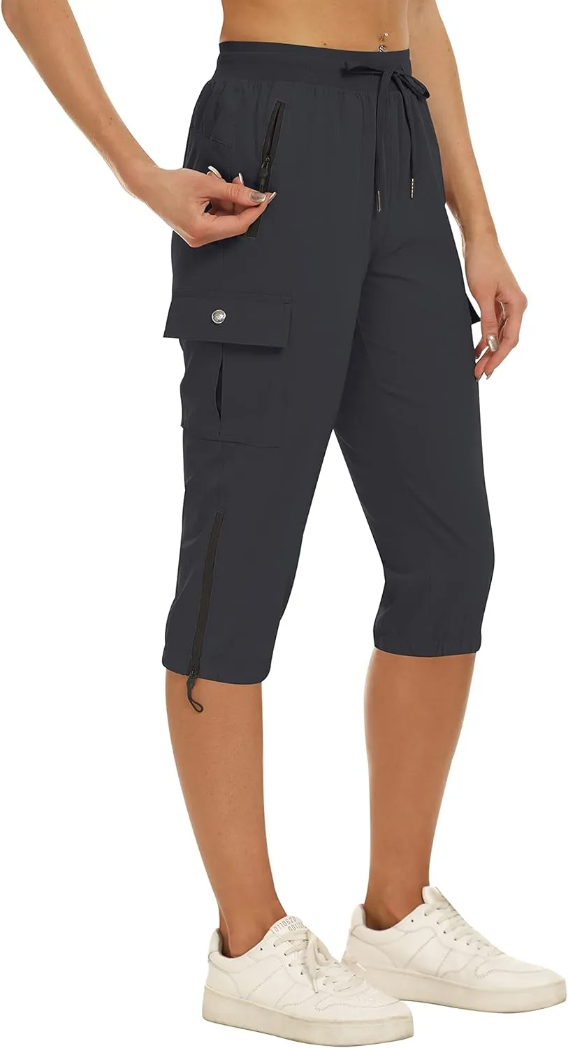 MoFiz Women's Capris Cargo Hiking Pants Lightweight Quick Dry Outdoor Athletic Running Sports Travel Summer Zipper Pockets