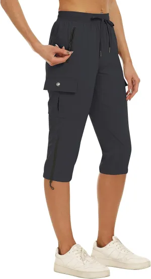 MoFiz Women's Capris Cargo Hiking Pants Lightweight Quick Dry Outdoor Athletic Running Sports Travel Summer Zipper Pockets