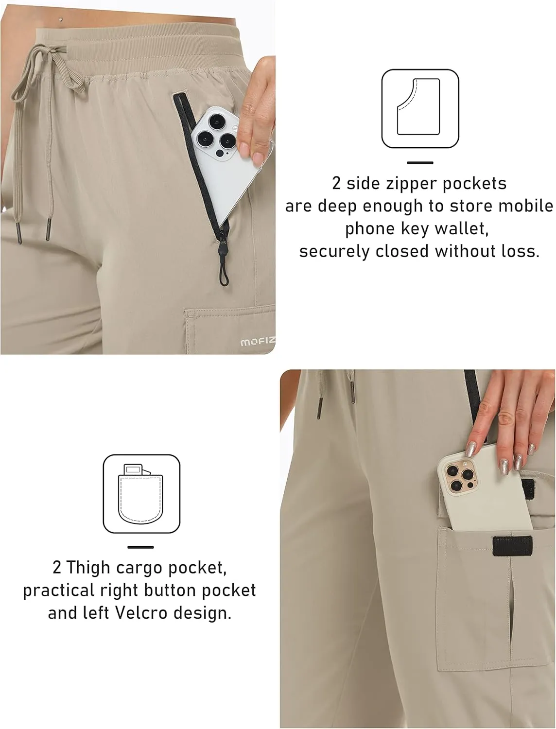 MoFiz Women's Capris Cargo Hiking Pants Lightweight Quick Dry Outdoor Athletic Running Sports Travel Summer Zipper Pockets