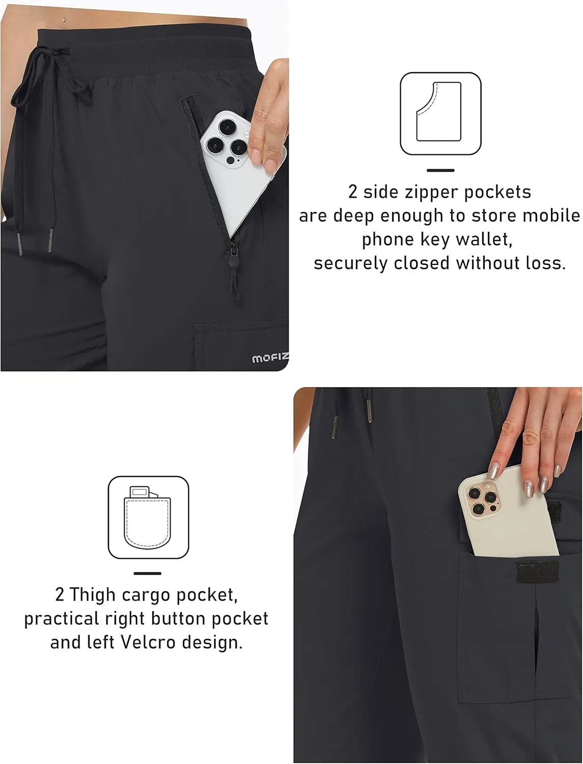 MoFiz Women's Capris Cargo Hiking Pants Lightweight Quick Dry Outdoor Athletic Running Sports Travel Summer Zipper Pockets