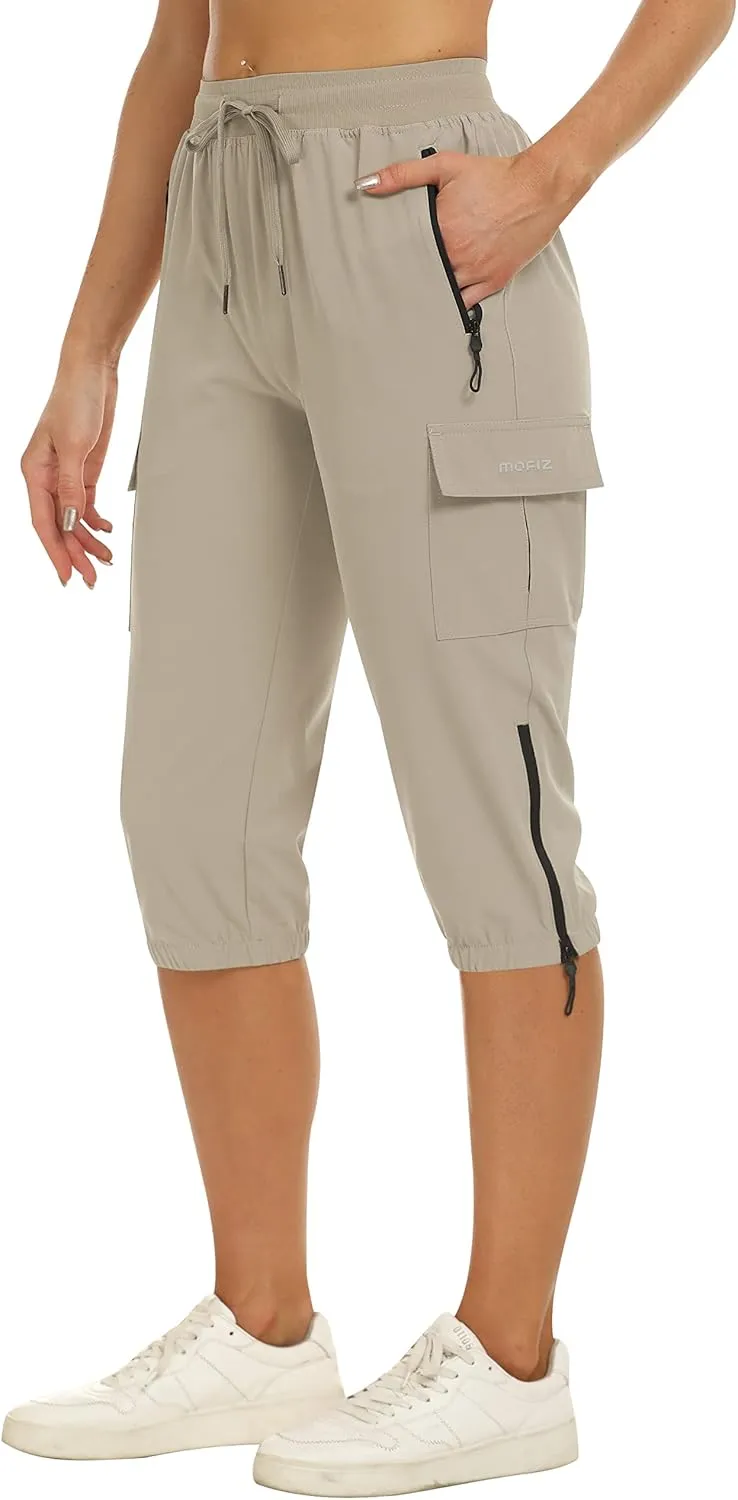 MoFiz Women's Capris Cargo Hiking Pants Lightweight Quick Dry Outdoor Athletic Running Sports Travel Summer Zipper Pockets