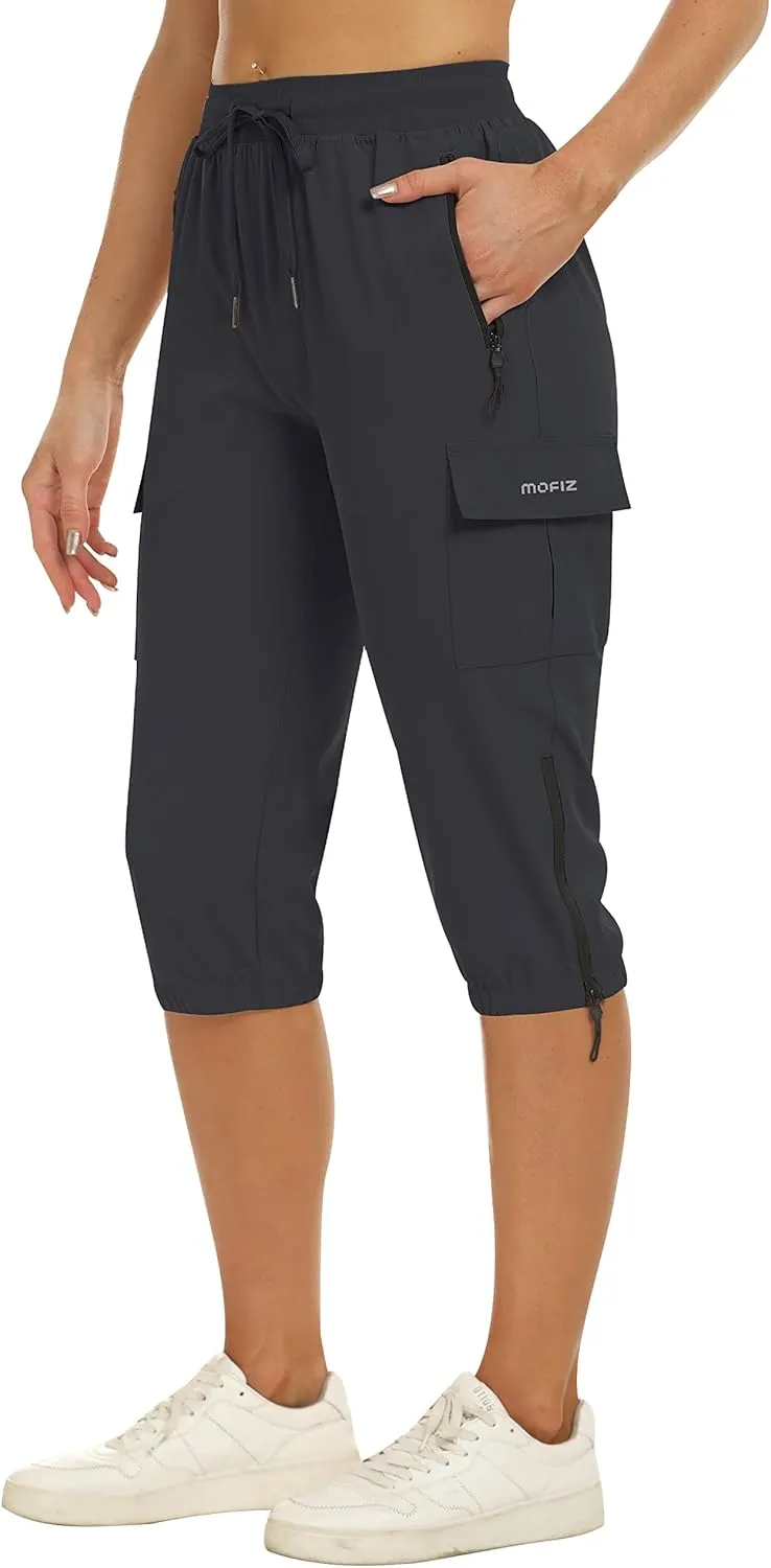 MoFiz Women's Capris Cargo Hiking Pants Lightweight Quick Dry Outdoor Athletic Running Sports Travel Summer Zipper Pockets