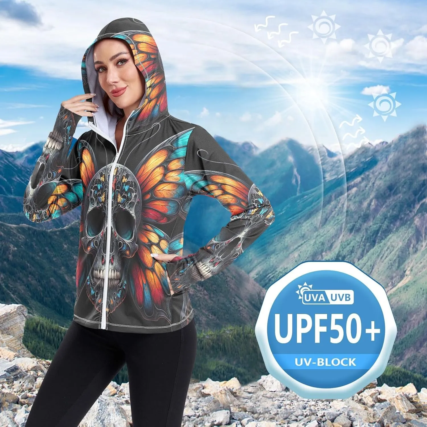 Moonlit Raven Skull Sun Protection Clothes for Women, Upf 50  Zip up Athletic Jacket, Outdoor Clothing (S-XXL)