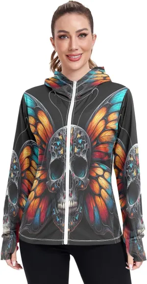 Moonlit Raven Skull Sun Protection Clothes for Women, Upf 50  Zip up Athletic Jacket, Outdoor Clothing (S-XXL)
