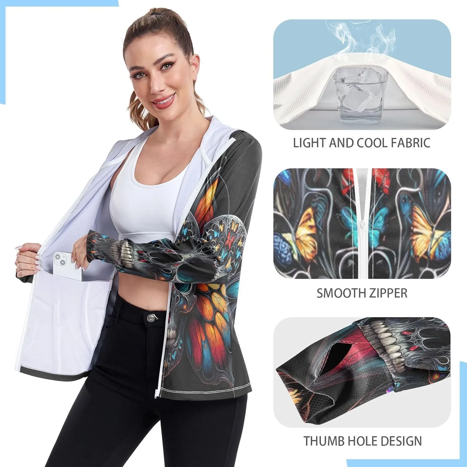 Moonlit Raven Skull Sun Protection Clothes for Women, Upf 50  Zip up Athletic Jacket, Outdoor Clothing (S-XXL)