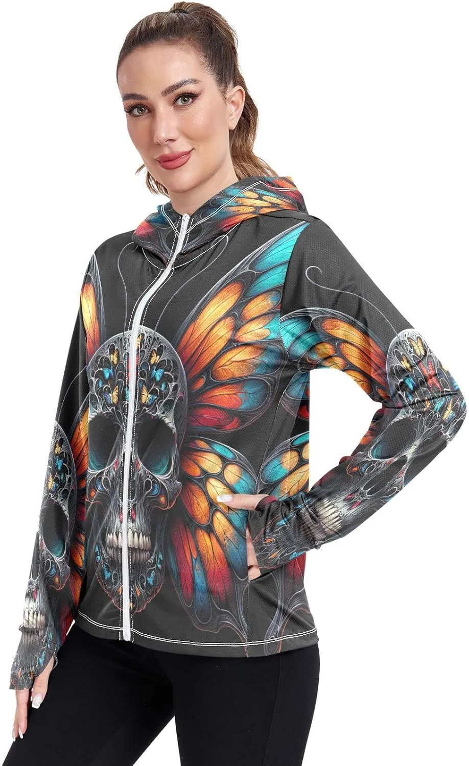 Moonlit Raven Skull Sun Protection Clothes for Women, Upf 50  Zip up Athletic Jacket, Outdoor Clothing (S-XXL)