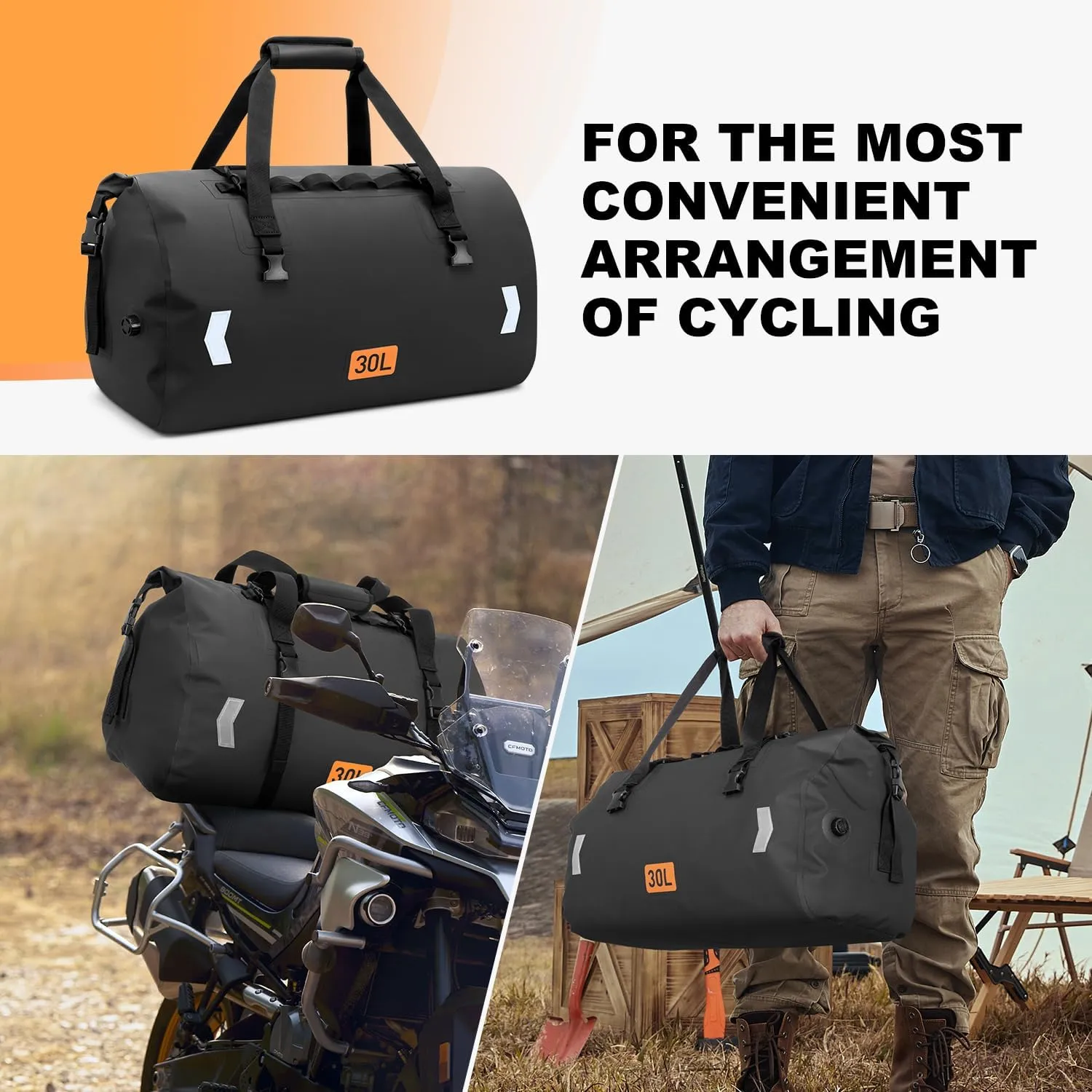 Motorcycle Dry Bag, Waterproof Duffel Bag & Roll-top Dry Duffel Bag, Motorcycle Luggage Travel Bag with Air Valve & Quick-fixed Straps For Riding,Travel, Black, 30L