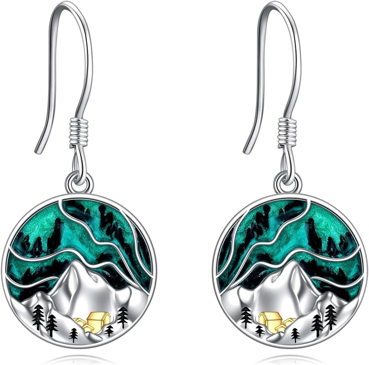 Mountain Earrings Gifts Sterling Silver Abalone Sun Mountain and Tree Dangle Earrings Nature Jewelry Gift for Skiers, Hikers, Campers, Climbers,Nature Lovers
