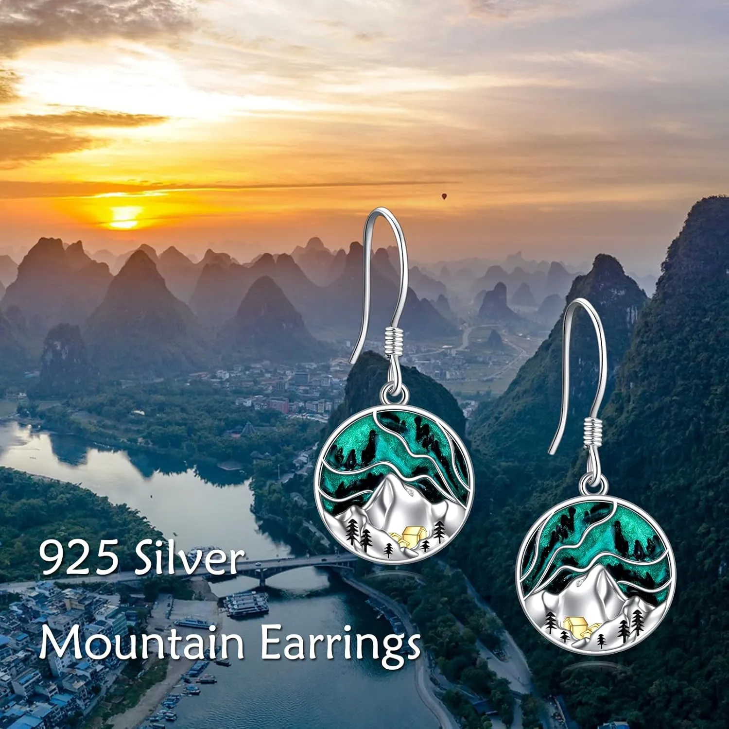 Mountain Earrings Gifts Sterling Silver Abalone Sun Mountain and Tree Dangle Earrings Nature Jewelry Gift for Skiers, Hikers, Campers, Climbers,Nature Lovers