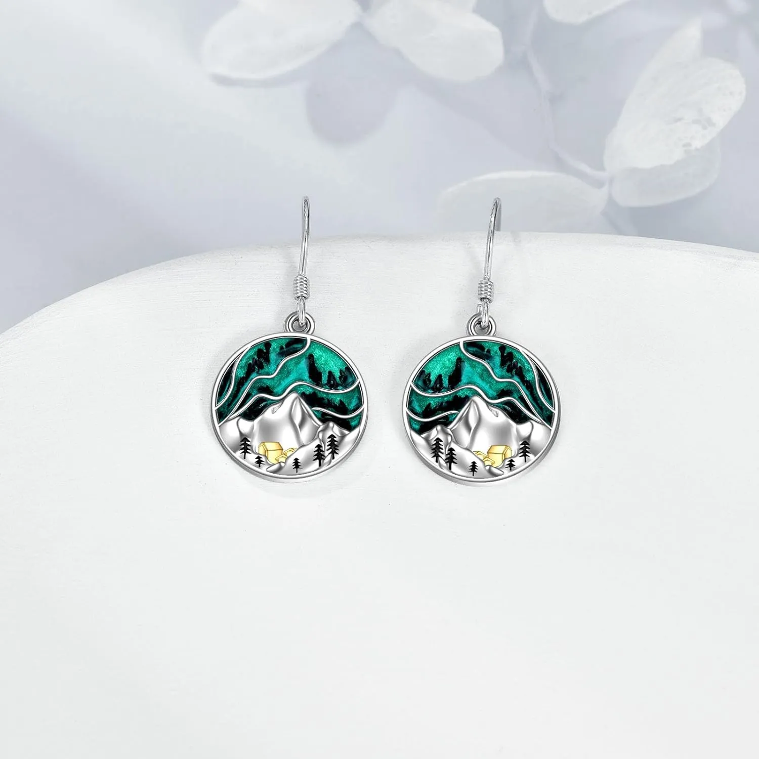 Mountain Earrings Gifts Sterling Silver Abalone Sun Mountain and Tree Dangle Earrings Nature Jewelry Gift for Skiers, Hikers, Campers, Climbers,Nature Lovers
