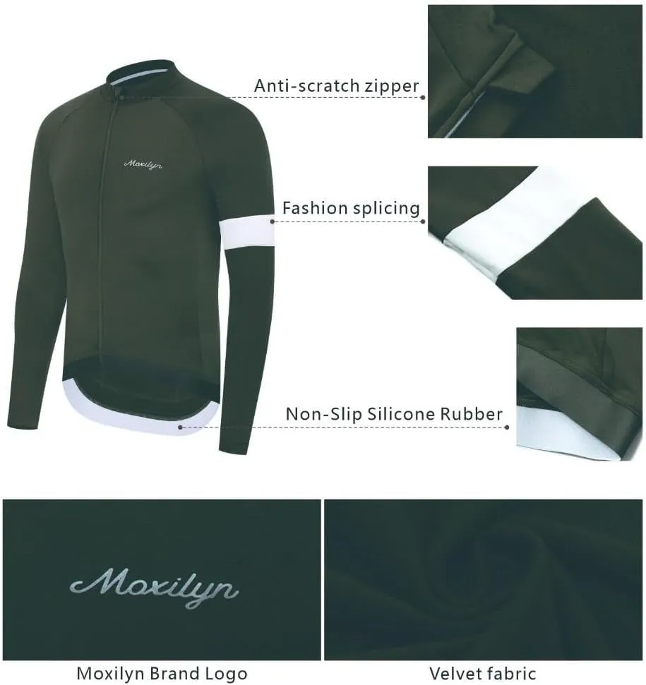 MOXILYN Winter Men's Cycling Jerseys Long Sleeve Thermal Fleece Cold Weather Cycling Jackets Warm Bike Tops Zipper Pocket