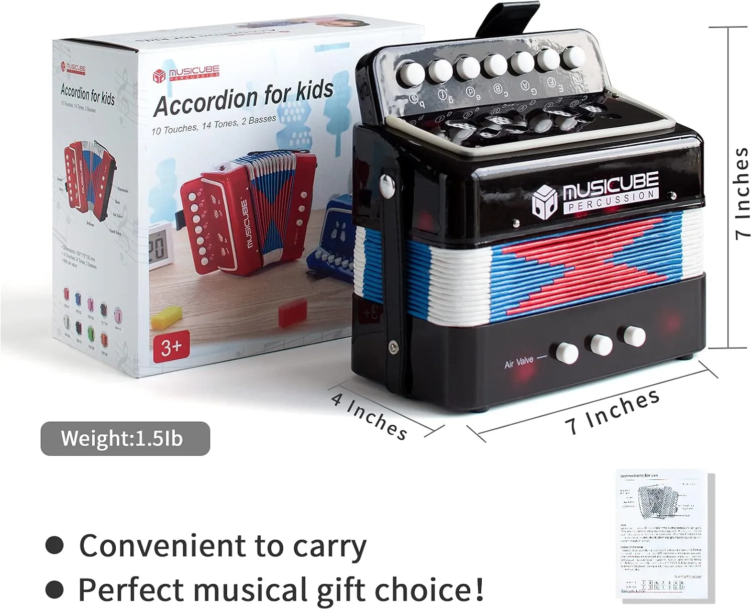 MUSICUBE Kids Accordion Instrument Toys 10 Keys Button Small Accordion for Boys & Girls Educational Musical Instrument Toys Christmas Gift Choice (BLACK)
