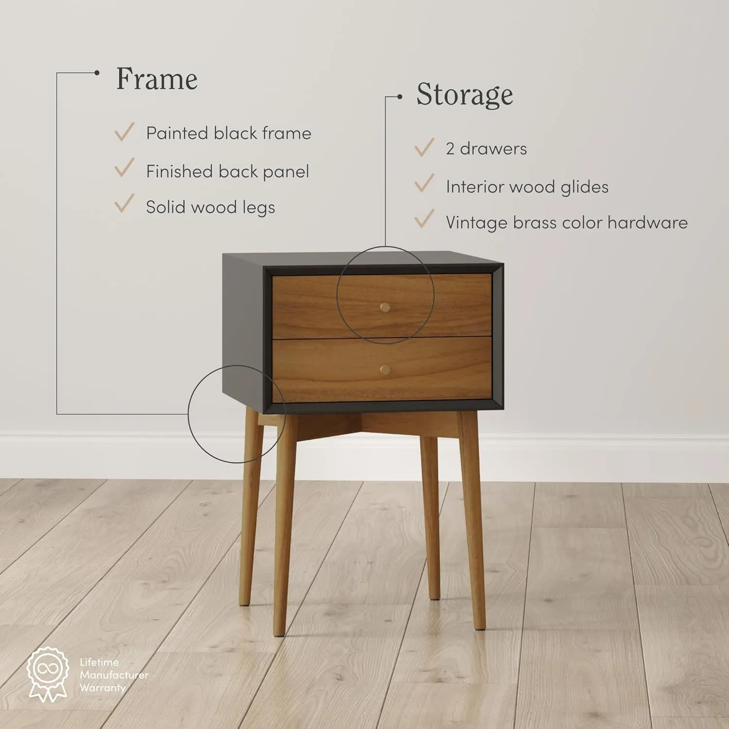 Nathan James Harper Modern Nightstand Side Accent or End Table with Storage Drawer, 1, Black/Brown
