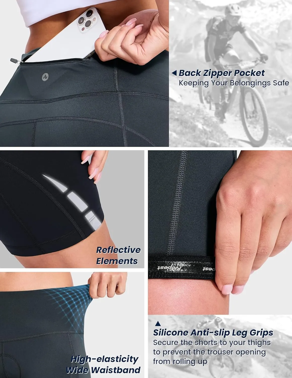 Nepest Womens Padded Bike Shorts 4D Padding Cycling Shorts with Zipper Pocket Riding Bicycle Cycle Road Biking Underwear