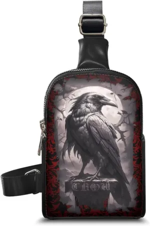 Night Crow Print Sling Bag Shoulder Backpack for Women, Dark Forest Crow Bird Printed Daily Crossbody Daypack Zipper Fanny Pack for Travel Essentials