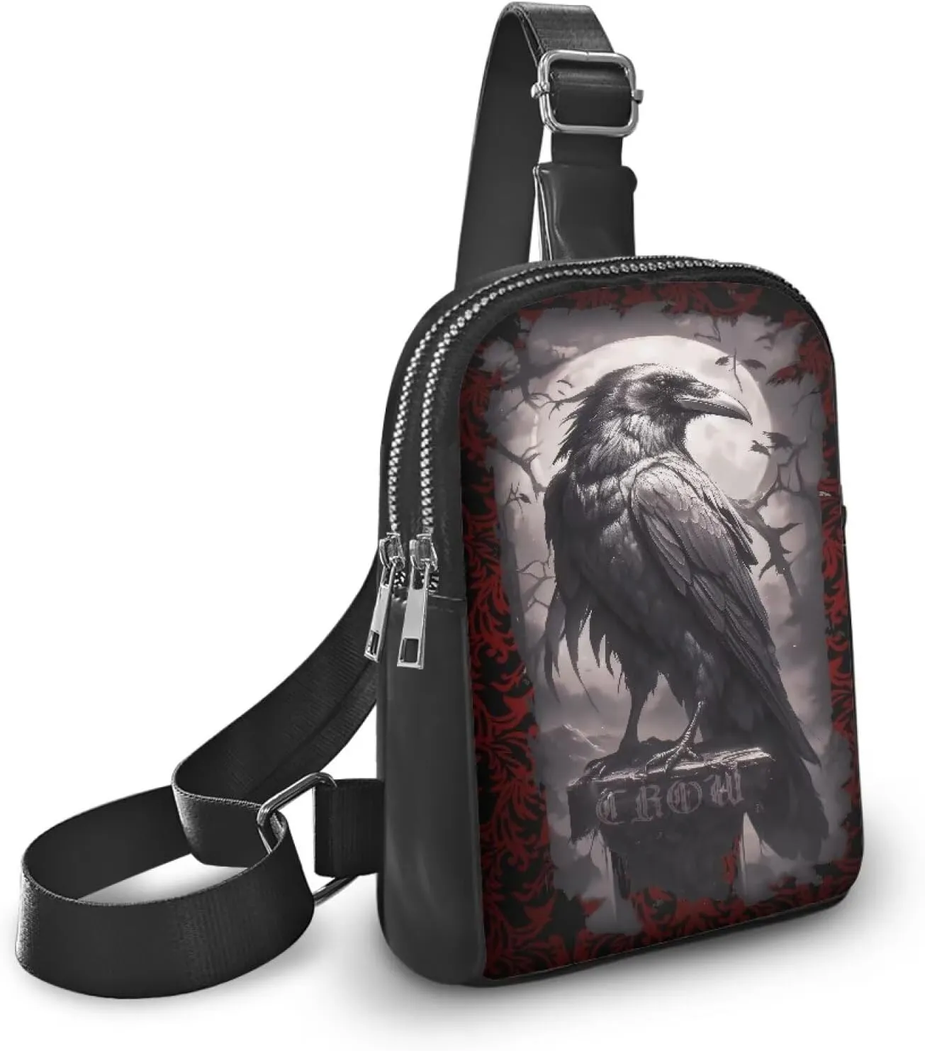 Night Crow Print Sling Bag Shoulder Backpack for Women, Dark Forest Crow Bird Printed Daily Crossbody Daypack Zipper Fanny Pack for Travel Essentials