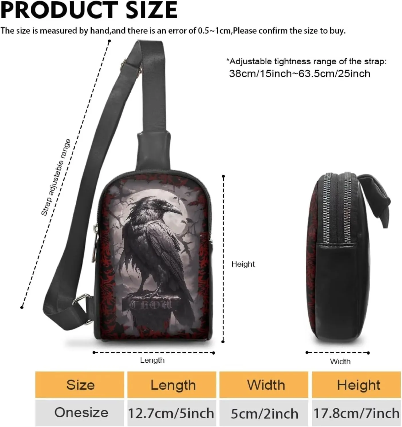 Night Crow Print Sling Bag Shoulder Backpack for Women, Dark Forest Crow Bird Printed Daily Crossbody Daypack Zipper Fanny Pack for Travel Essentials