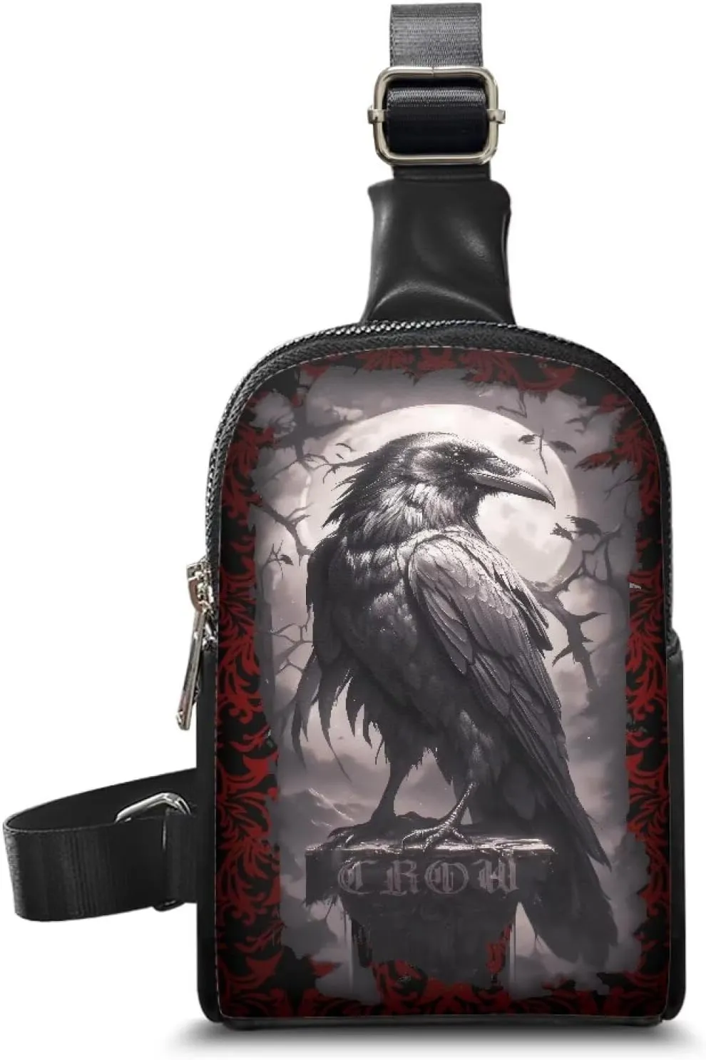Night Crow Print Sling Bag Shoulder Backpack for Women, Dark Forest Crow Bird Printed Daily Crossbody Daypack Zipper Fanny Pack for Travel Essentials