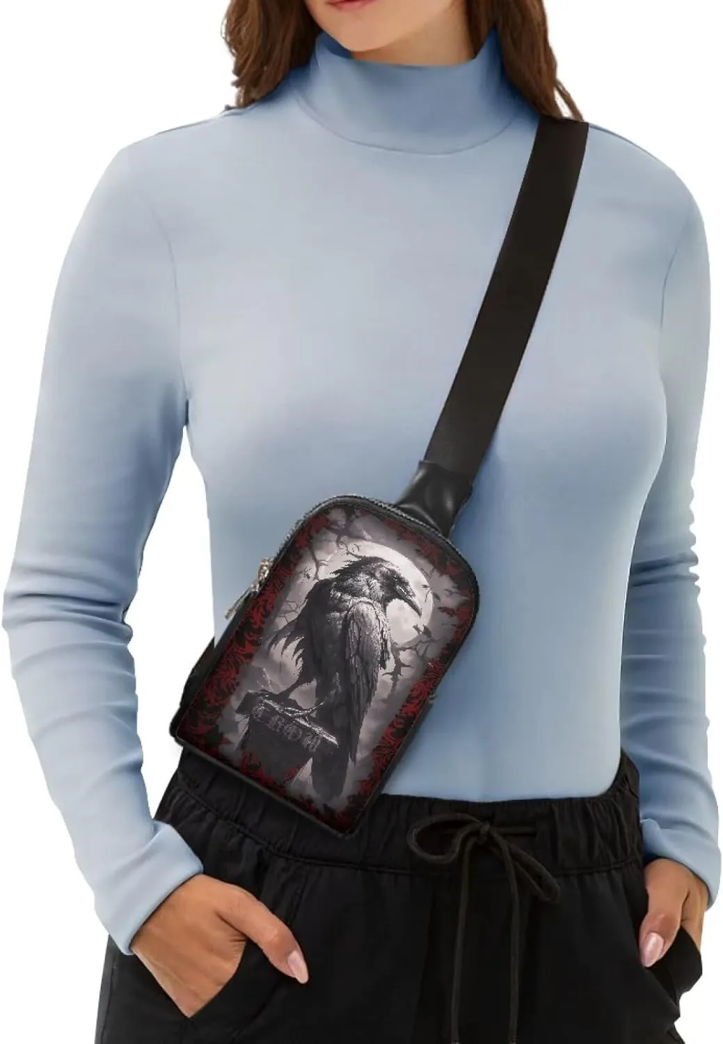Night Crow Print Sling Bag Shoulder Backpack for Women, Dark Forest Crow Bird Printed Daily Crossbody Daypack Zipper Fanny Pack for Travel Essentials