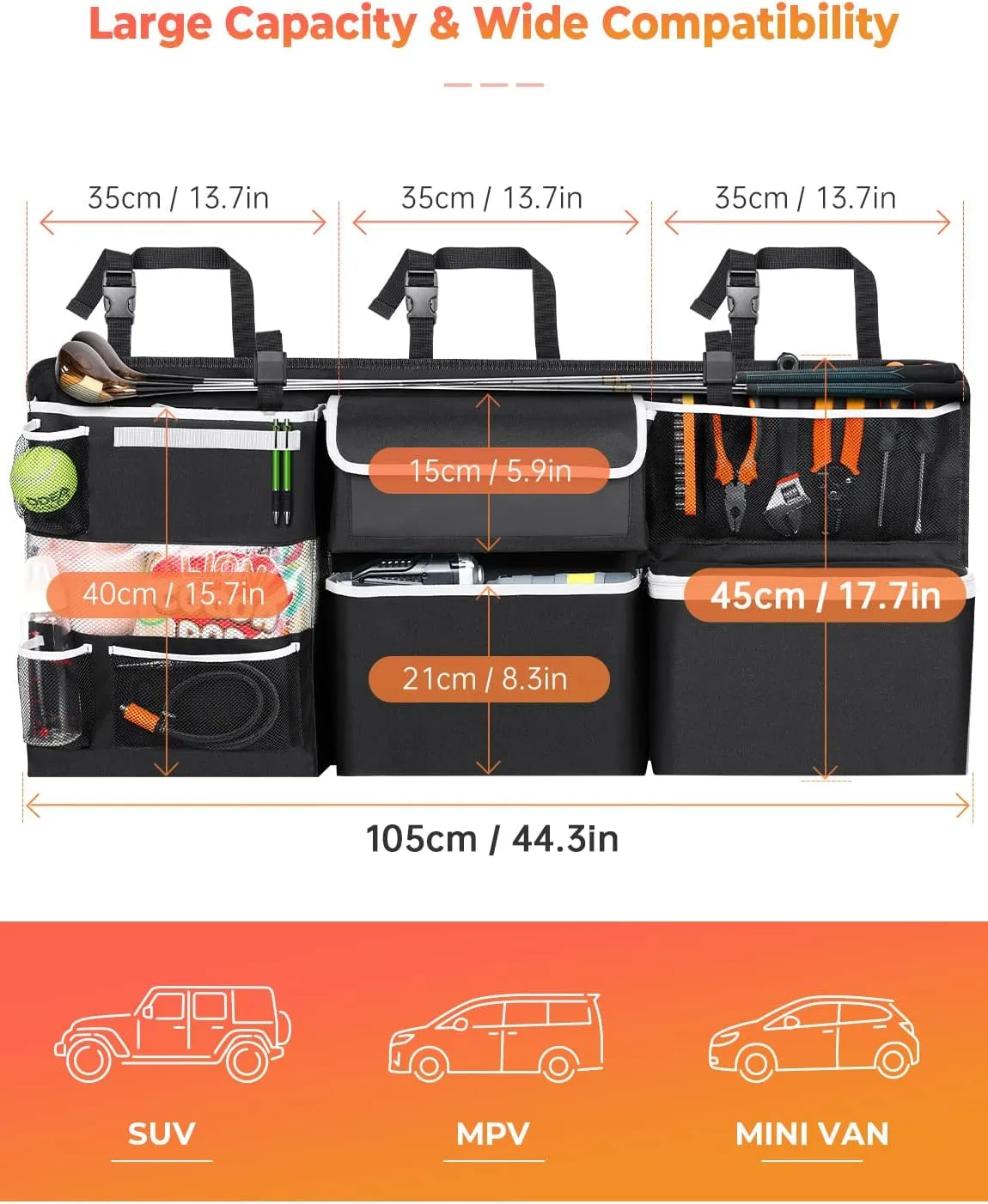 Oasser Car Storage Organizer New Version, Hanging Trunk Organizer with 10 Different Functional Storage Bags for SUV Truck MPV VAN